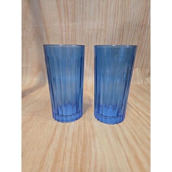 TRUE LIVING Cobalt Blue Ribbed Tumbler 12oz Drinking Glass Set of 2 - Picture 2 of 5